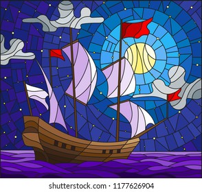 Illustration in stained glass style with an old ship sailing with white sails against the sea, moon and starry sky, seascape 