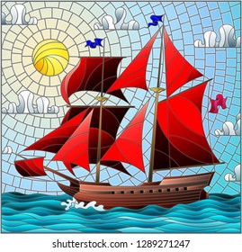 Illustration in stained glass style with an old ship sailing with red sails against the sea, sun and sky, seascape 