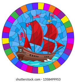 Illustration in stained glass style with an old ship sailing with red sails against the seaand sky, seascape ,round image in bright frame