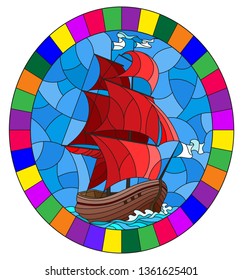 Illustration in stained glass style with an old ship sailing with red sails against the sea,  oval image in a bright frame