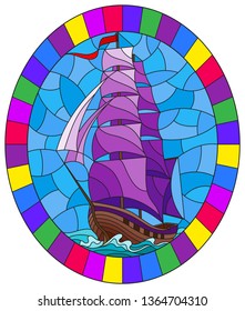 Illustration in stained glass style with an old ship sailing with purple sails against the sea,  oval image in a bright frame