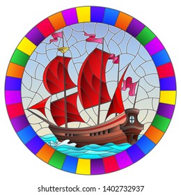 Illustration in stained glass style with an old ship sailing with red sails against the seaand sky, seascape ,round image in bright frame