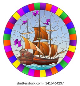 Illustration in stained glass style with an old ship sailing with brown sails against the sea,  oval image in a bright frame