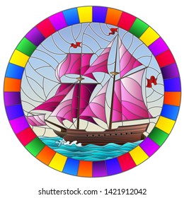 Illustration in stained glass style with an old ship sailing with pink sails against the sea,  oval image in a bright frame