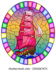Illustration in stained glass style with an old ship sailing with pink sails against the sea,  oval image in a bright frame