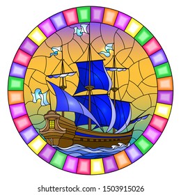 Illustration in stained glass style with an old ship sailing with blue sails against the sea,  oval image in a bright frame