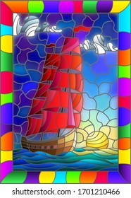 Illustration in stained glass style with an old ship sailing with red sails against the sea, sun and sky, seascape in a bright frame