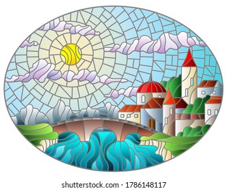 Illustration in stained glass style with the old town and bridge over a river with mountains in the background, the cloudy sky and sun, oval image