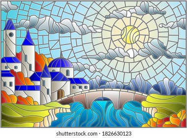 Illustration in stained glass style with the old town and bridge over a river with mountains in the background, the cloudy sky and sun,autumn landscape