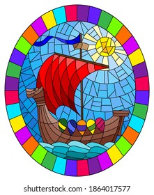 Illustration in stained glass style with an old ship on the background of the sea and the Sunny sky