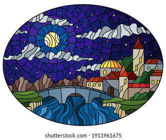 Illustration in stained glass style with the old town and bridge over a river with mountains on the background of starry sky and moon, oval image