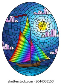 Illustration in stained glass style with an old ship sailing with rainbow sails against the sea,  oval image