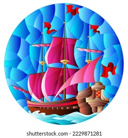 Illustration in stained glass style with an old ship sailing with pink sails against the sea,  oval image 