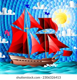 Illustration in stained glass style with an old ship sailing with red sails against the sea background, sun and sky, seascape 