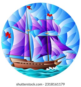 Illustration in stained glass style with an old ship sailing with purple sails against the sea,  oval image