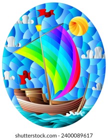 Illustration in stained glass style with an old ship sailing with rainbow sails against the sea,  oval image