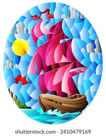 Illustration in stained glass style with an old ship sailing with pink sails against the sea and cloudy sky,oval image 