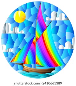 Illustration in stained glass style with an old ship sailing with rainbow sails against the sea and sun, oval image 