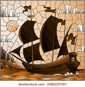 Ilustración en estilo vitral con un viejo barco navegando con velas rosas contra el mar y cielo nublado, tono marrón