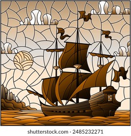 Illustration in stained glass style with an old ship sailing with pink sails against the sea and cloudy sky, tone brown