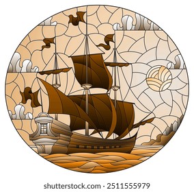 Illustration in stained glass style with an old ship sailing with pink sails against the sea and cloudy sky,oval image , tone brown