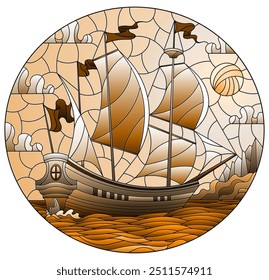 Illustration in stained glass style with an old ship sailing with purple sails against the sea and cloudy sky,tone brown