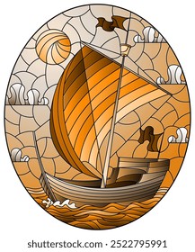 Illustration in stained glass style with an old ship sailing  against the sea, oval image, tone brown