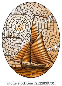 Illustration in stained glass style with an old ship sailing against the sea,  oval image, tone brown