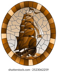 Illustration in stained glass style with an old ship sailing against the seaand sky, seascape ,round image in frame, tone brown