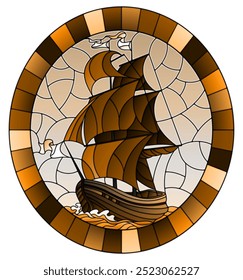 Illustration in stained glass style with an old ship sailing against the seaand sky, seascape ,round image in frame, tone brown