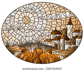 Illustration in stained glass style with the old town and bridge over a river with mountains in the background, the cloudy sky and sun, oval image, tone brown