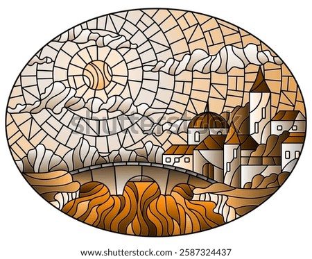 Illustration in stained glass style with the old town and bridge over a river with mountains in the background, the cloudy sky and sun, oval image, tone brown