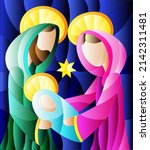 Illustration in stained glass style on biblical theme, Jesus baby with Mary and Joseph, abstract figures on blue background, rectangular image