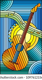 Illustration in stained glass style on the theme of music, abstract guitar and notes on a blue background