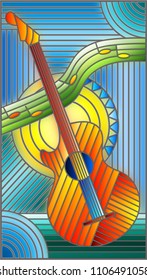 Illustration in stained glass style on the theme of music, abstract guitar and notes on a blue background
