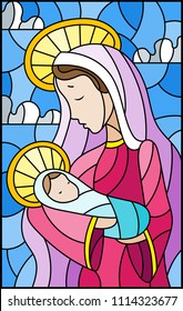 Illustration in stained glass style on biblical theme, Jesus baby with Mary , abstract figures on sky background with clouds, rectangular image