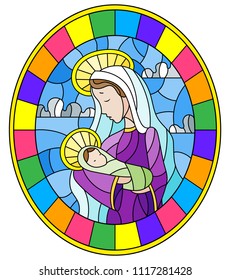 Illustration in stained glass style on biblical theme, Jesus baby with Mary , abstract figures on sky background with clouds, round image in bright frame