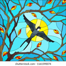 Illustration in stained glass style on the theme of autumn, the swallow flying on the background of Sunny sky through the lumen of the branches of a tree