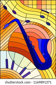Illustration in stained glass style on the subject of music , the shape of an abstract blue saxophone on orange geometric background