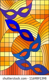 Illustration in stained glass style on the theme of carnival, abstract blue masks on an orange background 