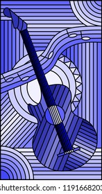 Illustration in stained glass style on the theme of music, abstract guitar and notes ,monochrome,tone blue