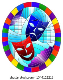 Illustration in stained glass style on the theme of carnival with abstract mask, oval image in bright frame