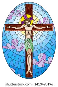 Illustration in stained glass style on the biblical theme, Jesus Christ on the cross against the cloudy sky and the sun, oval image 