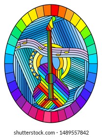 Illustration in stained glass style on the theme of music, abstract guitar and notes on a blue background, oval image in bright frame