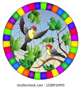 Illustration in stained glass style on the theme of autumn, two birds in the sky and maple leaves