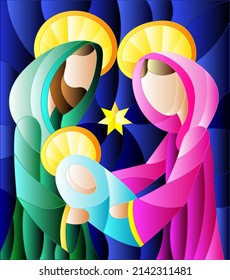 Illustration in stained glass style on biblical theme, Jesus baby with Mary and Joseph, abstract figures on blue background, rectangular image