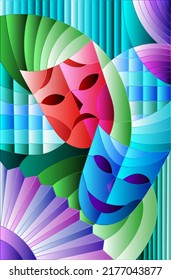 Illustration in stained glass style on the theme of carnival, abstract mask on a blue background, retrengular image 