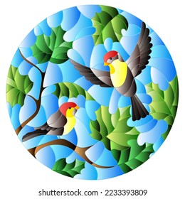 Illustration in stained glass style on the theme of autumn, two birds in the sky and maple leaves