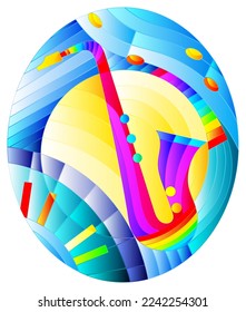 Illustration in stained glass style on the subject of music , the shape of an abstract saxophone on geometric background, oval image 