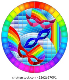 Illustration in stained glass style on the theme of carnival with abstract mask, oval image in a rainbow frame